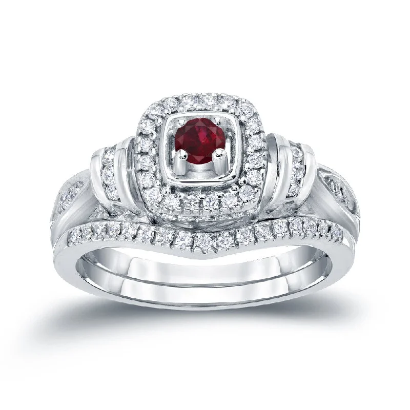 Ladies princess cut engagement ring-14k Gold 1/5ct Ruby and 1/3ct TDW Diamond Engagement Ring Set